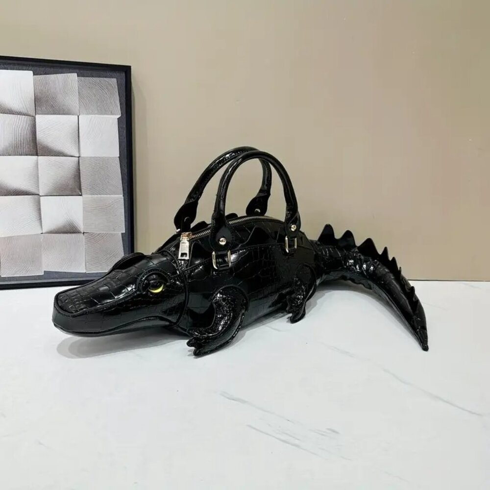 🖤 Black Crocodile Patent Leather Shaped Handbag w/strap Novelty Statement! - Picture 9 of 10